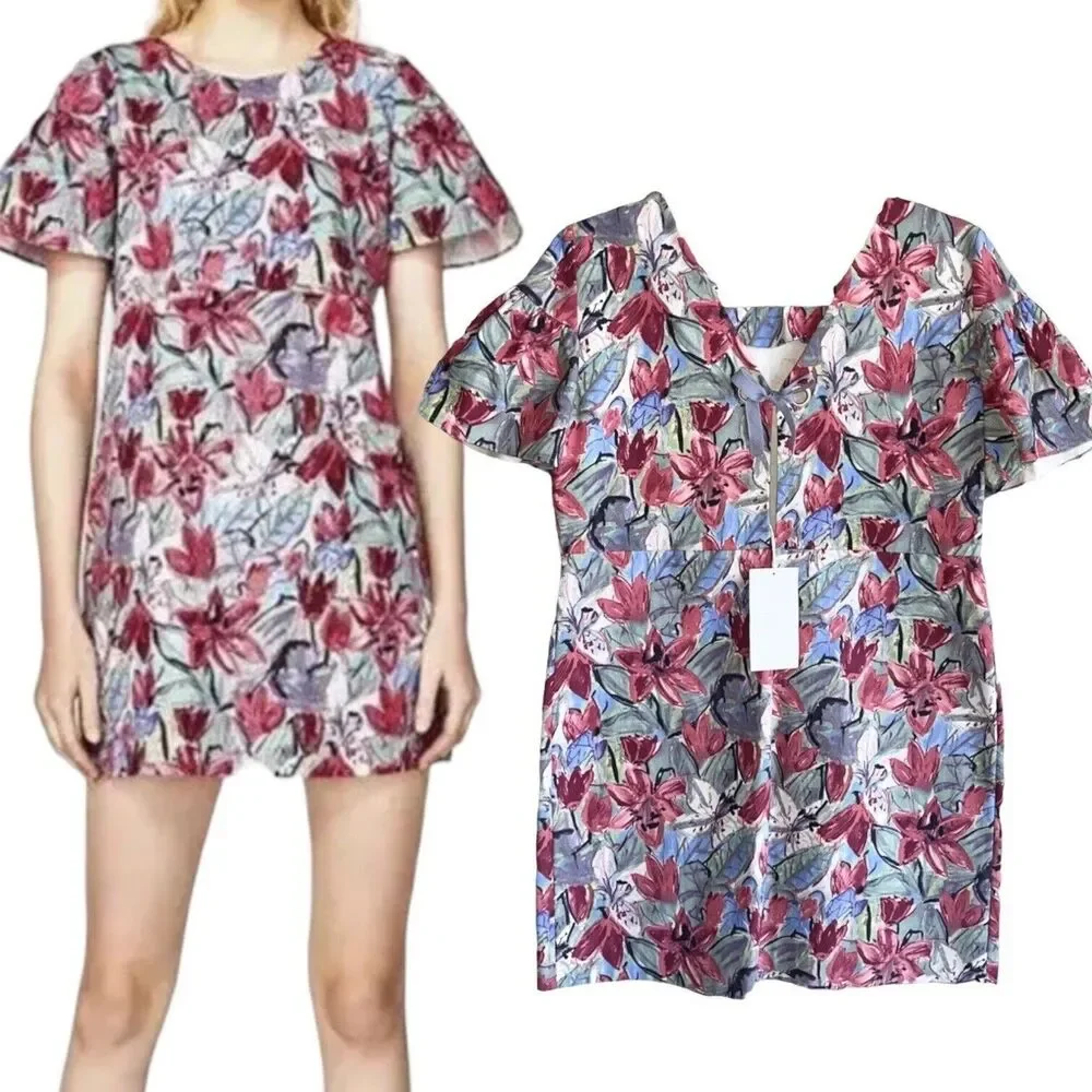 NWT Zara Multicolor Floral Mini Dress Size L Ruffled Short Sleeves Bow V Back - Picture 10 of 10